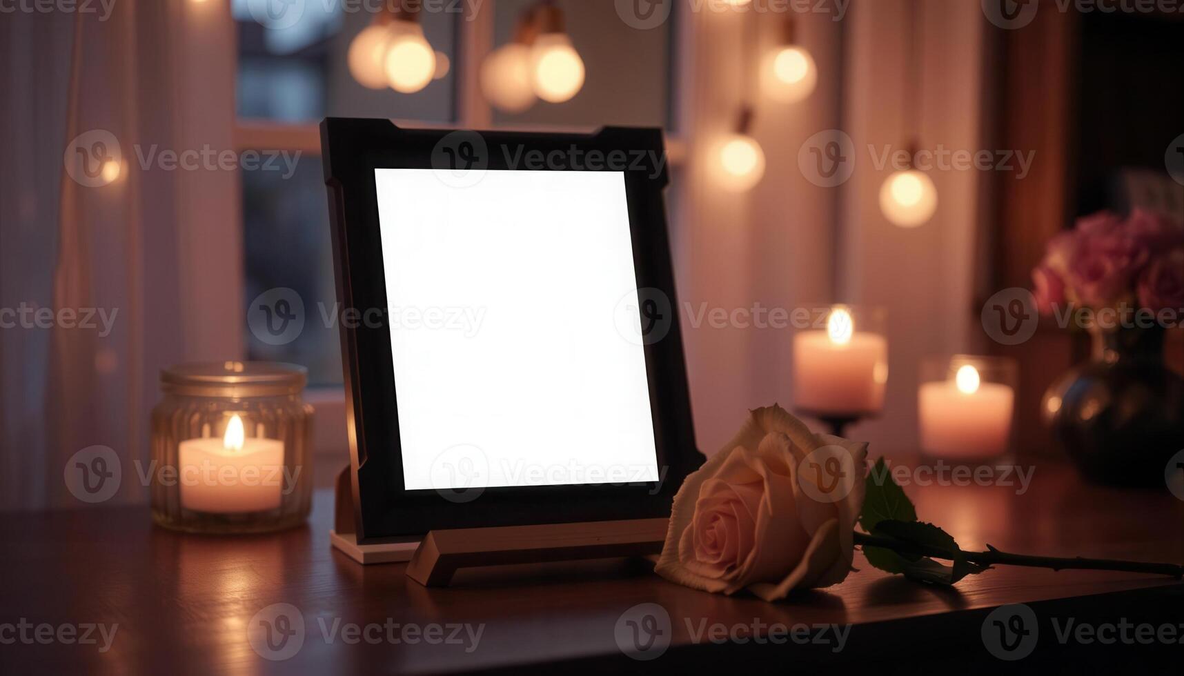A blank photo frame sits on a table with candles and a rose