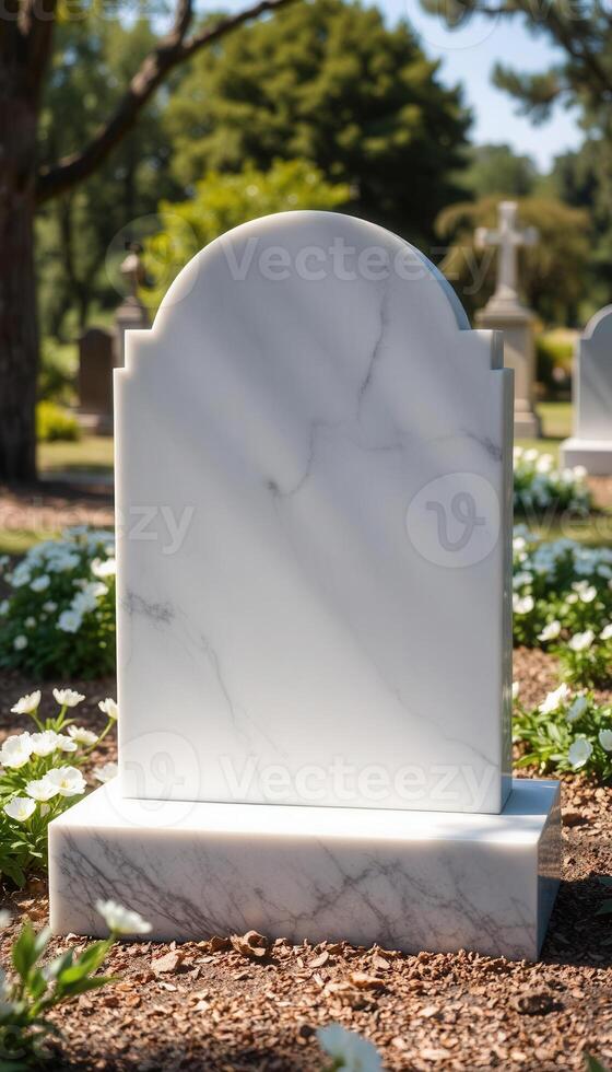 A white marble tombstone sits in a cemetery photo