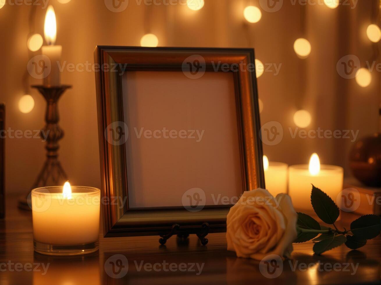 Photo frame with candle and rose on table