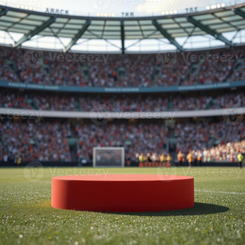 A red podium on the field of a soccer stadium photo