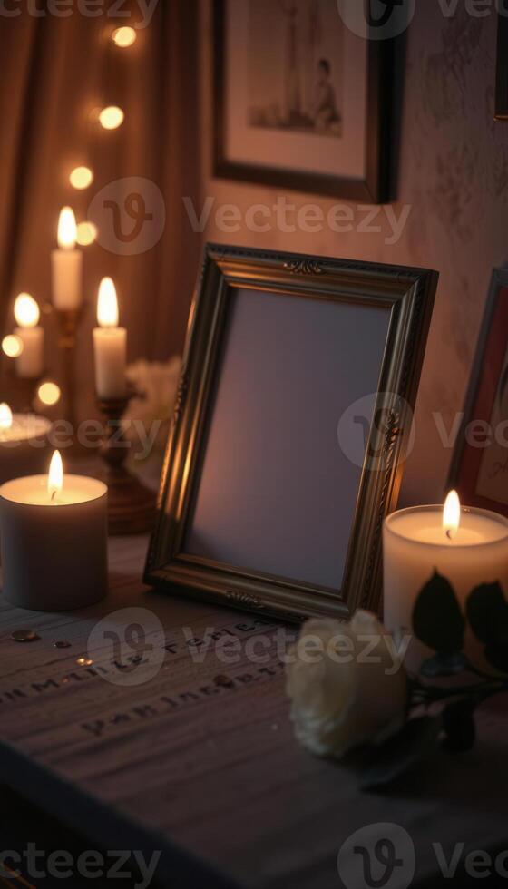 A photo frame with candles and a picture on it