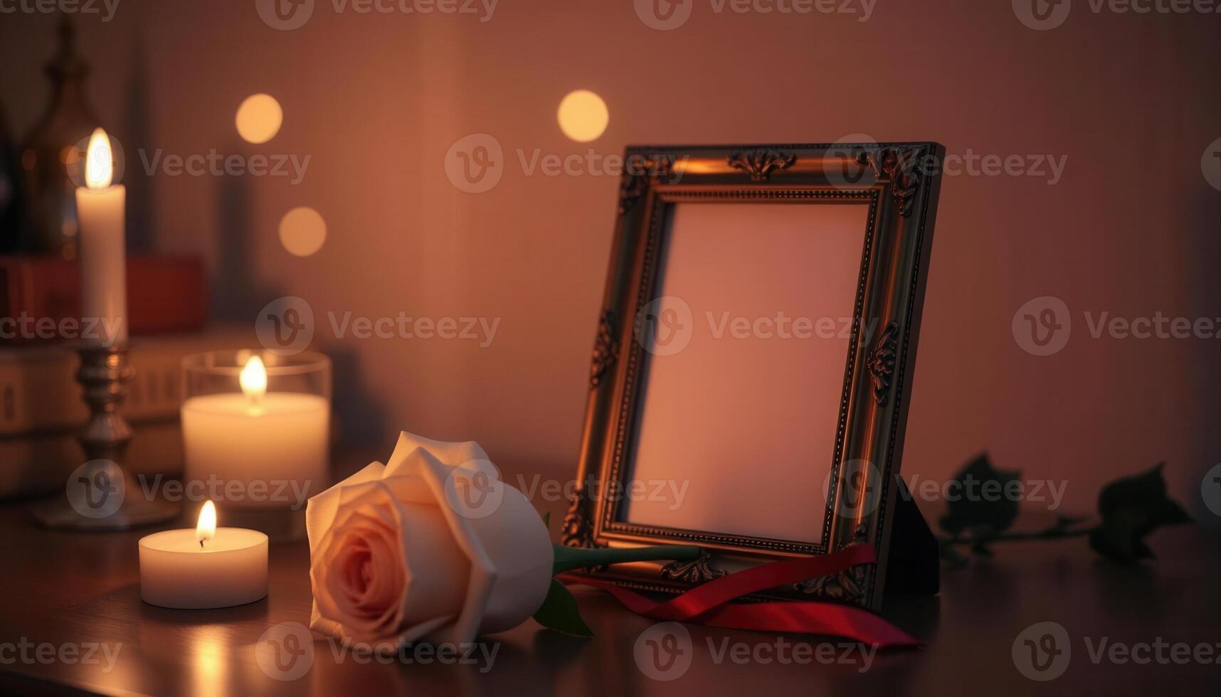 A picture frame with a rose and candles on a table photo