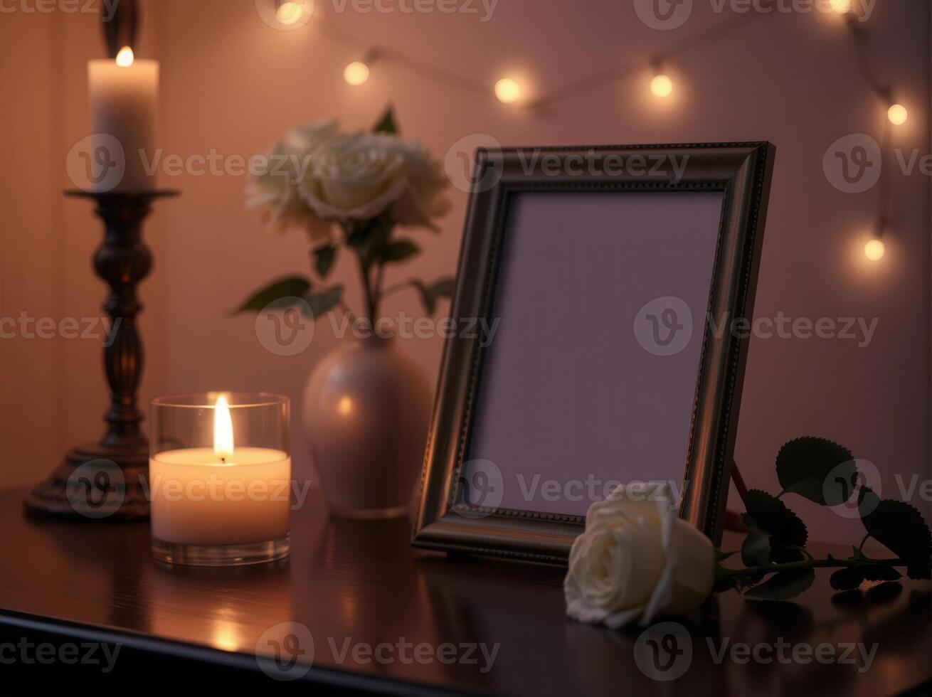 A picture frame, candles and a vase of flowers on a table photo