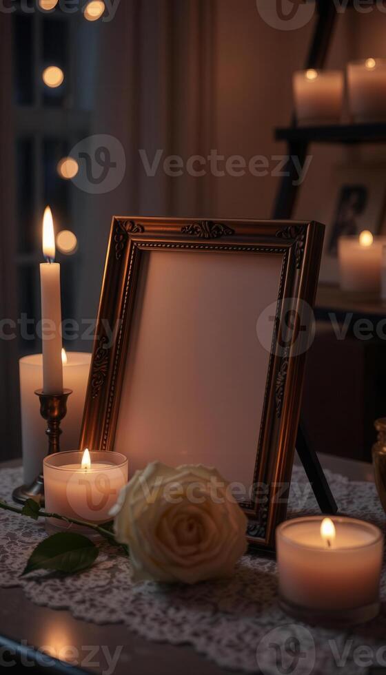Candles and a photo frame on a table
