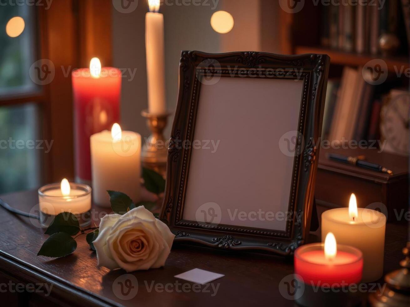 A framed photo on a table with candles and a rose