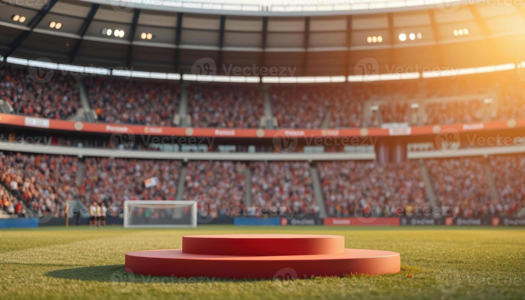 An empty podium on a soccer field with a crowd of people photo