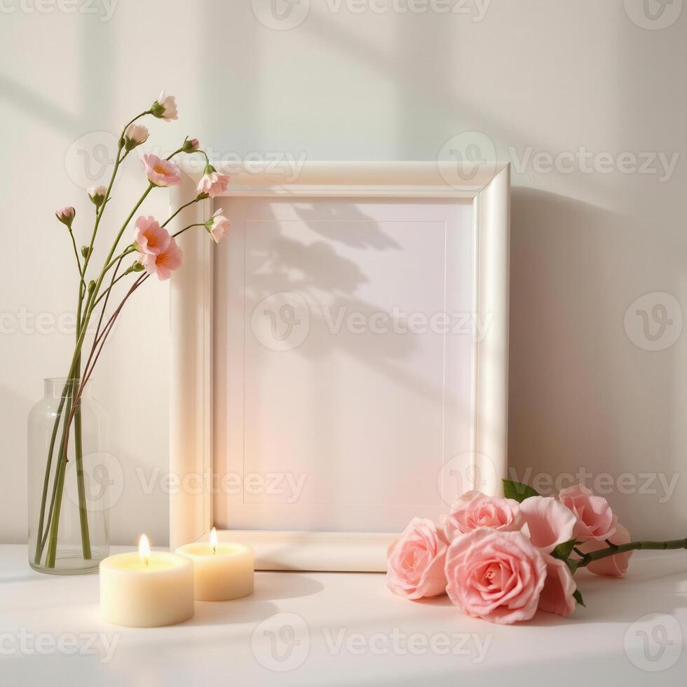 Photo frame with flowers and candles on a table