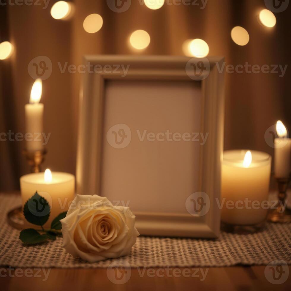 Photo frame with candles and rose on table with bokeh lights