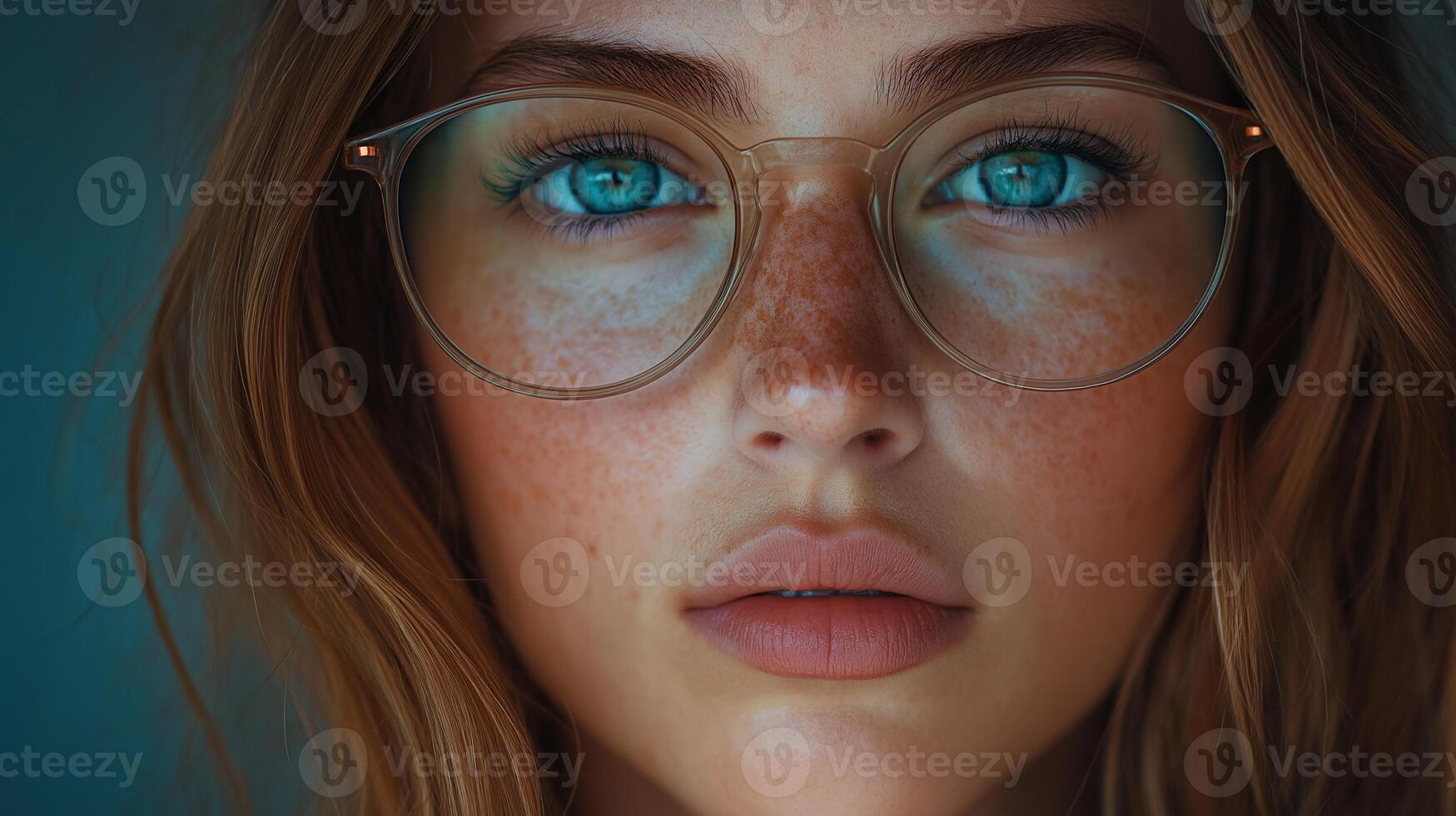 Caucasian woman with blue eyes, freckles and glasses portrait image closeup. Female confident expression close-up photography human scene. Intellectual vibe concept photo-realistic photo