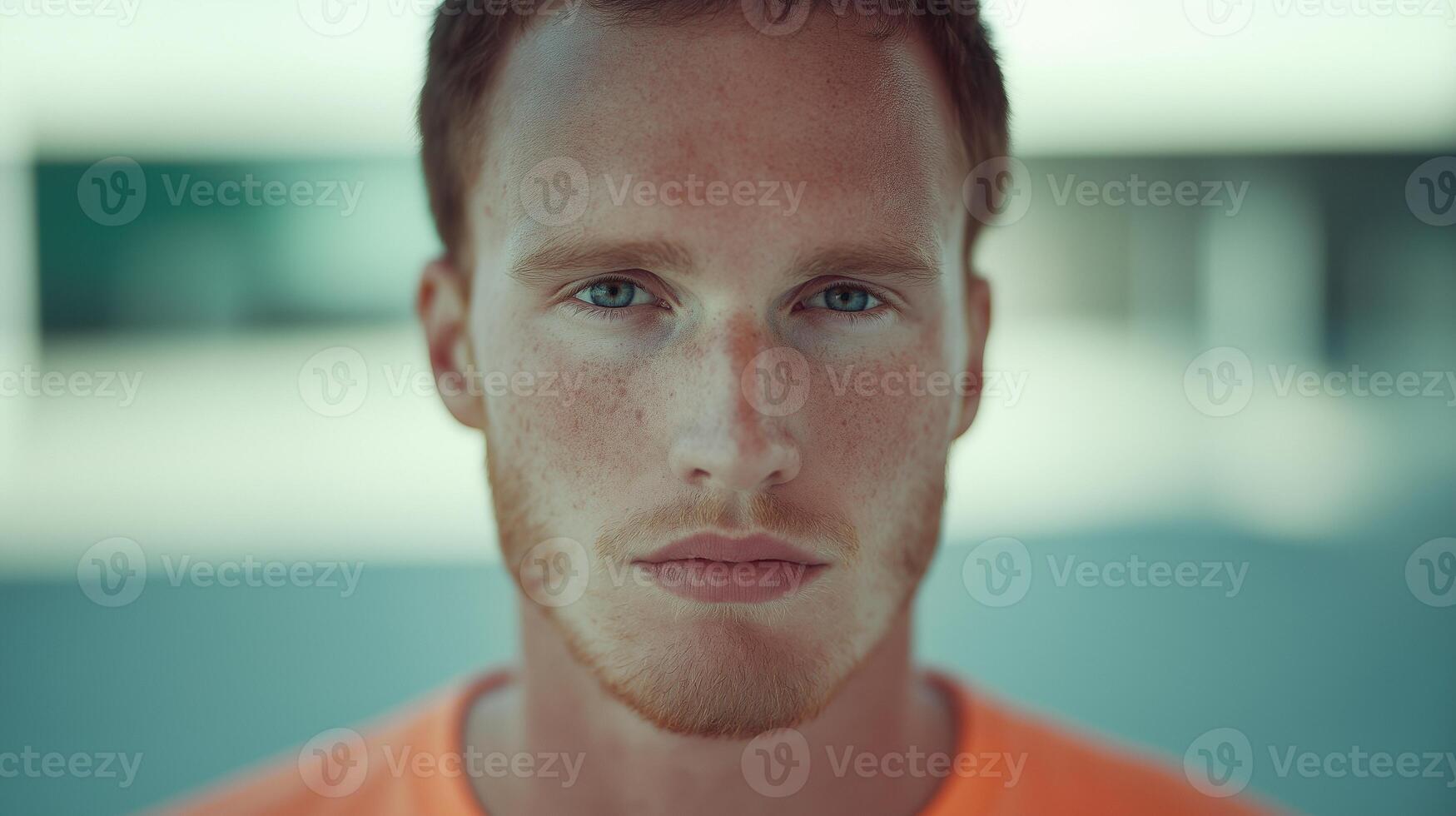 Young man with short red hair and freckles looking at camera portrait image closeup. Serene mood. Calm face close-up photography human scene. Authentic look concept photo-realistic photo