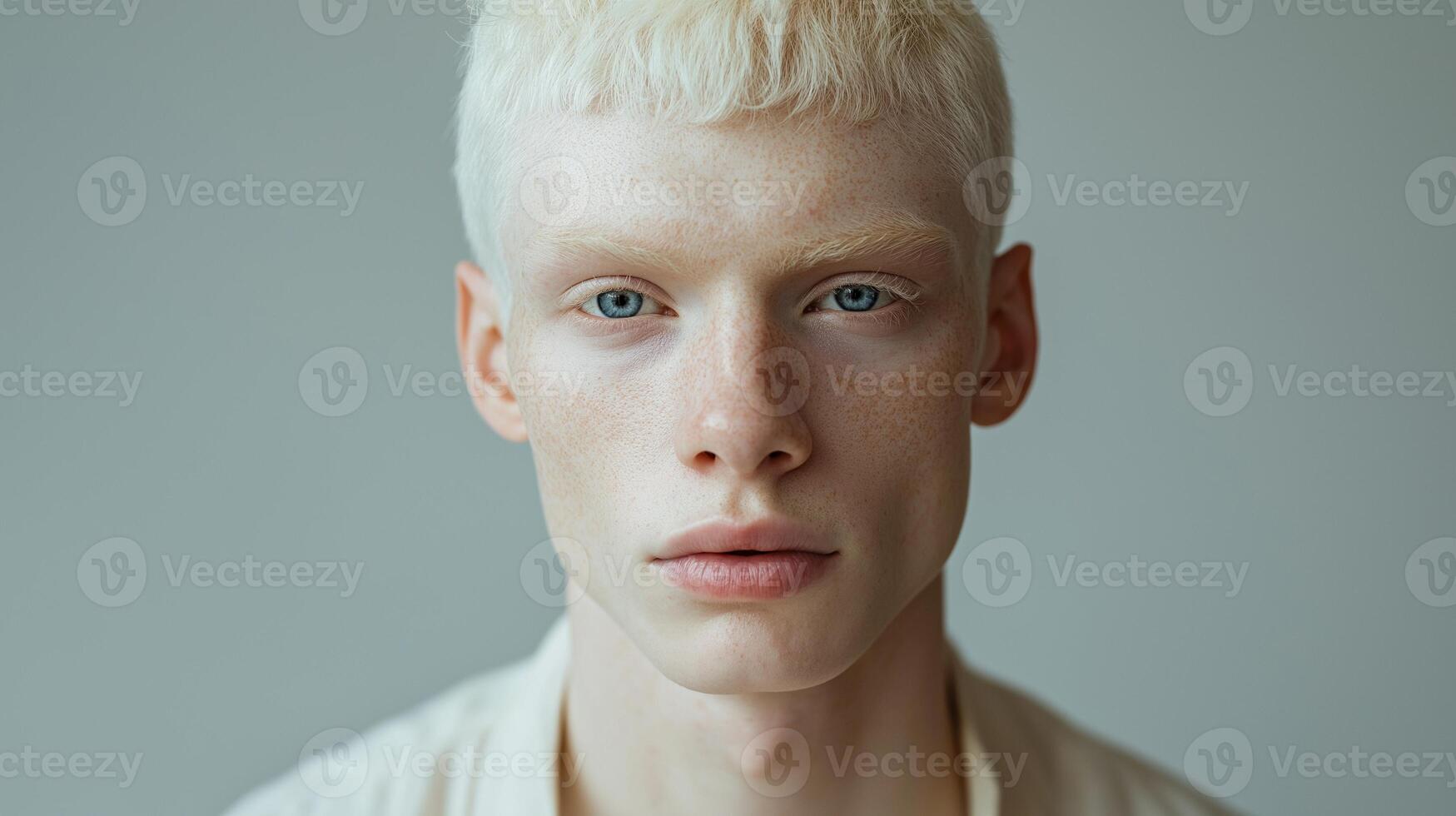 Serene young albino man with soft blue eyes portrait image closeup. Male calm expression and delicate skin tone close-up photography human scene. Albinism concept photo-realistic photo