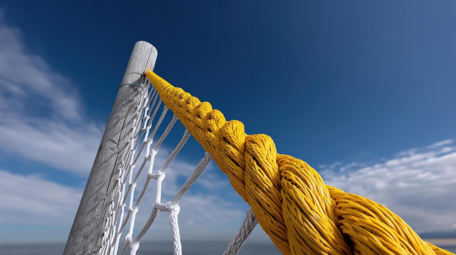 Bright yellow rope tied securely to a wooden post under a clear blue sky at the beach photo