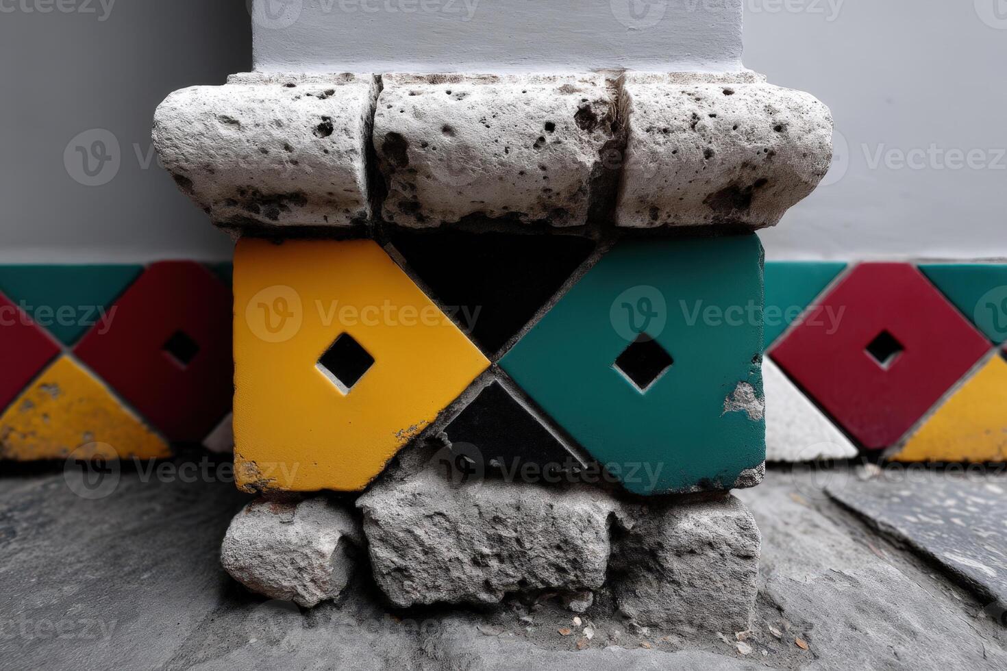 Colorful tile design complements stone pillar in a historic building photo