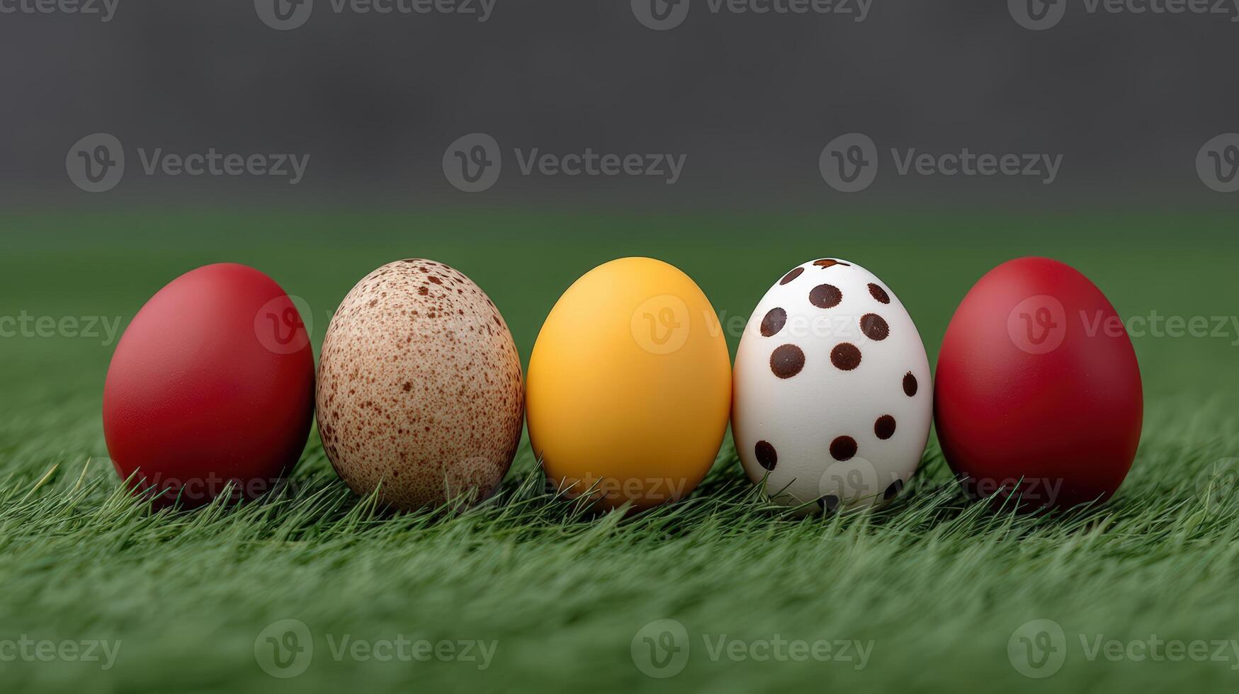 Colorful Easter dyed eggs beautifully arranged on vibrant green grass background photo