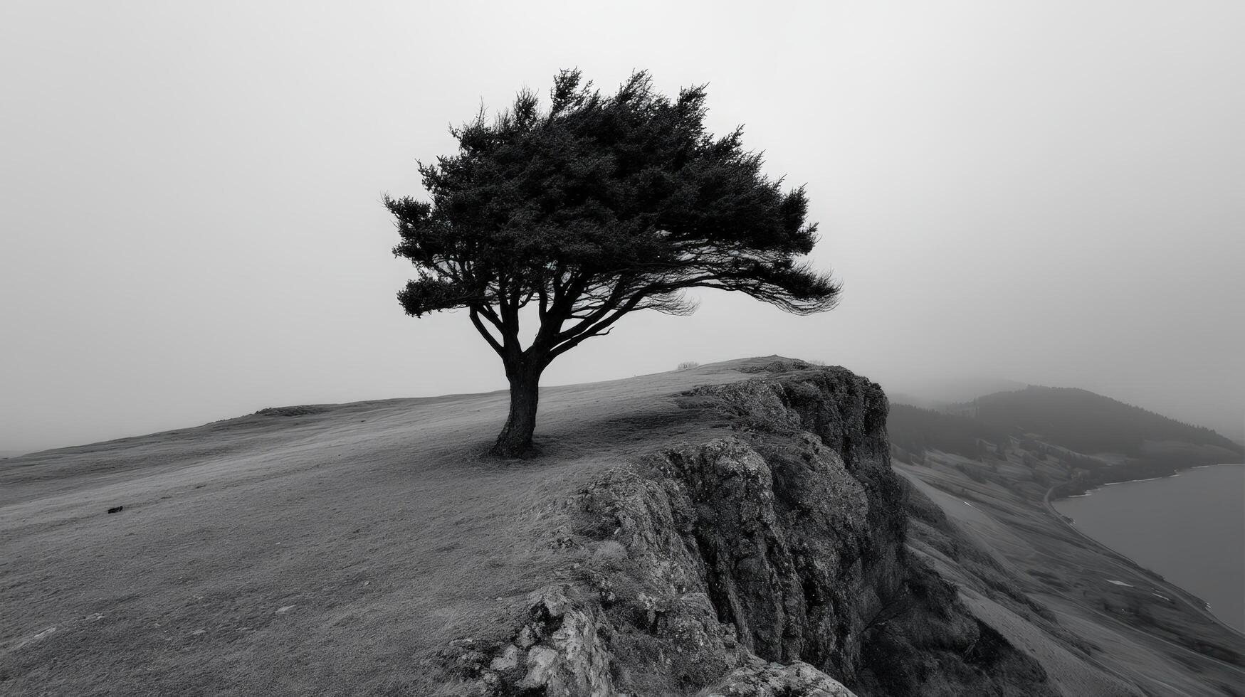 Wind-swept tree stands alone on a cliffside overlooking a foggy landscape photo