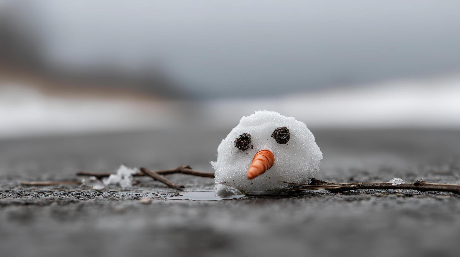 Melted snowman laying on the ground in a winter landscape close-up view photo