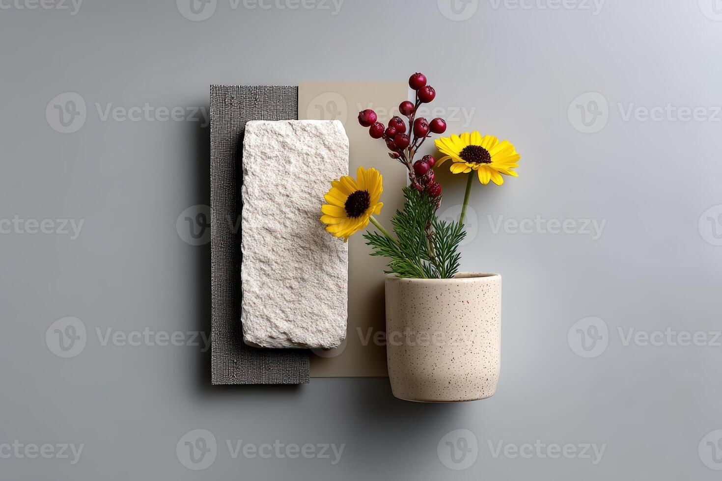Exploring textures and colors in a contemporary moodboard featuring natural elements photo
