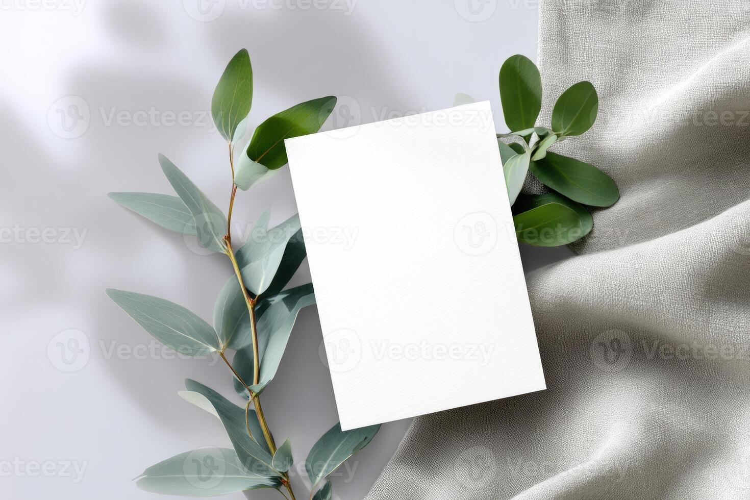 Minimalist design with blank card framed by greenery on a soft, light background photo
