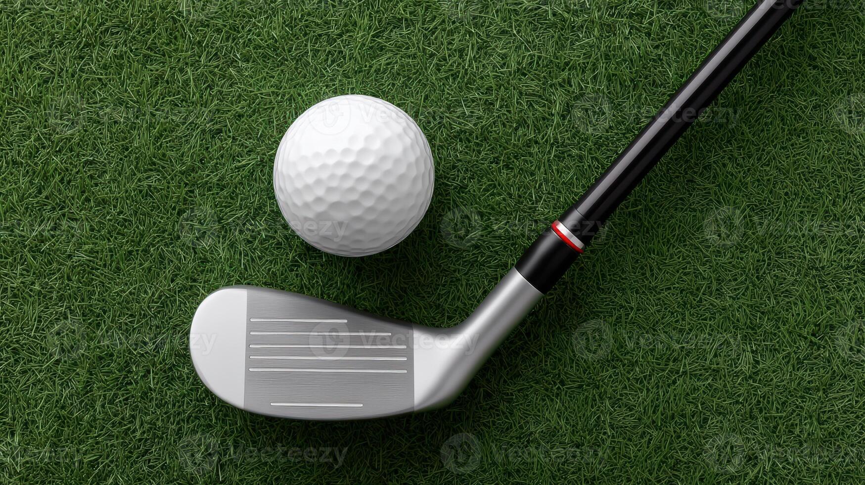 Close view of a golf ball and club resting on green grass during a sunny day photo