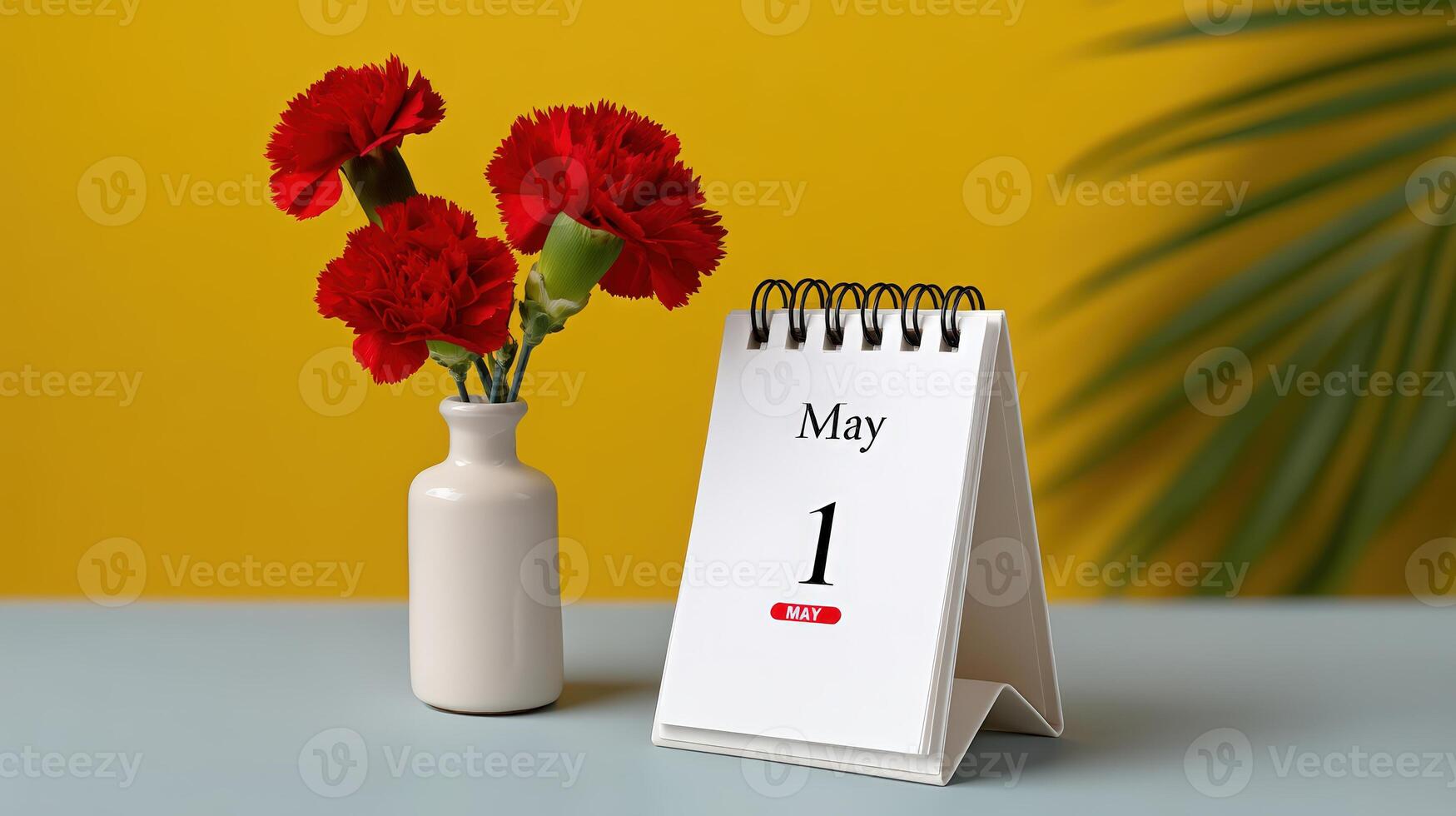 Brightly colored desk calendar showing May with red flowers in a vase on a blue table photo