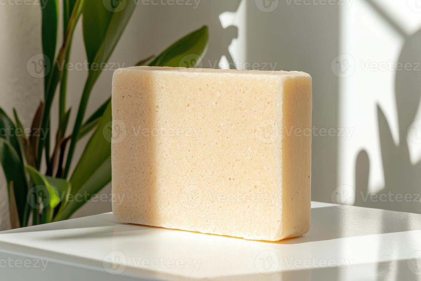 Natural soap block displayed under sunlight with indoor green plant in the background photo