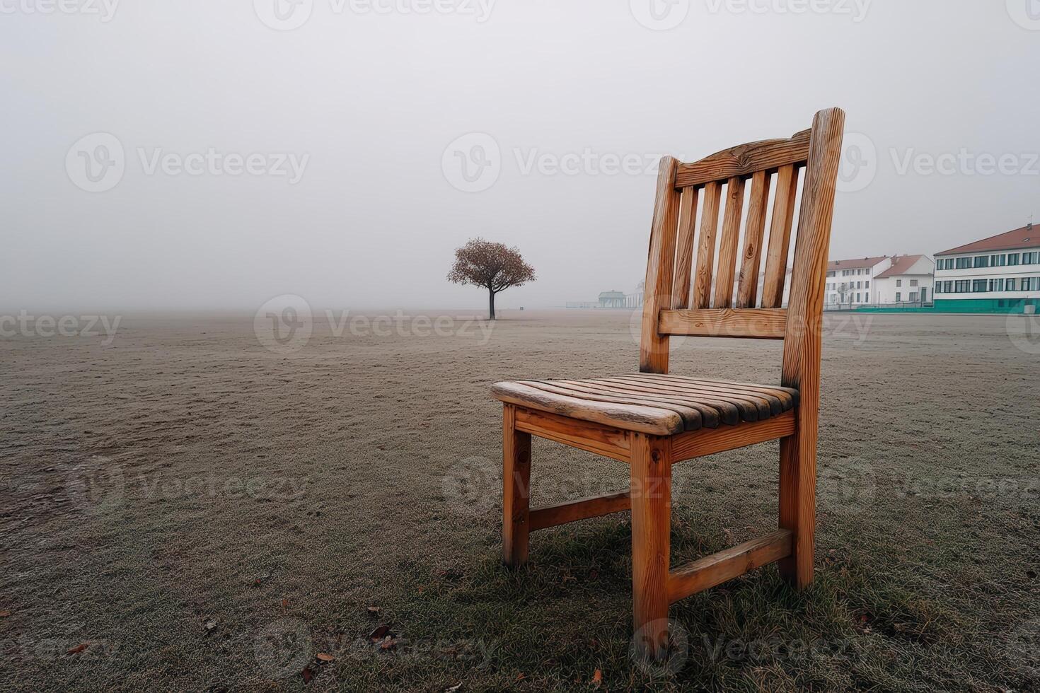 Empty wooden chair stands alone in a foggy field near a single tree at dawn photo