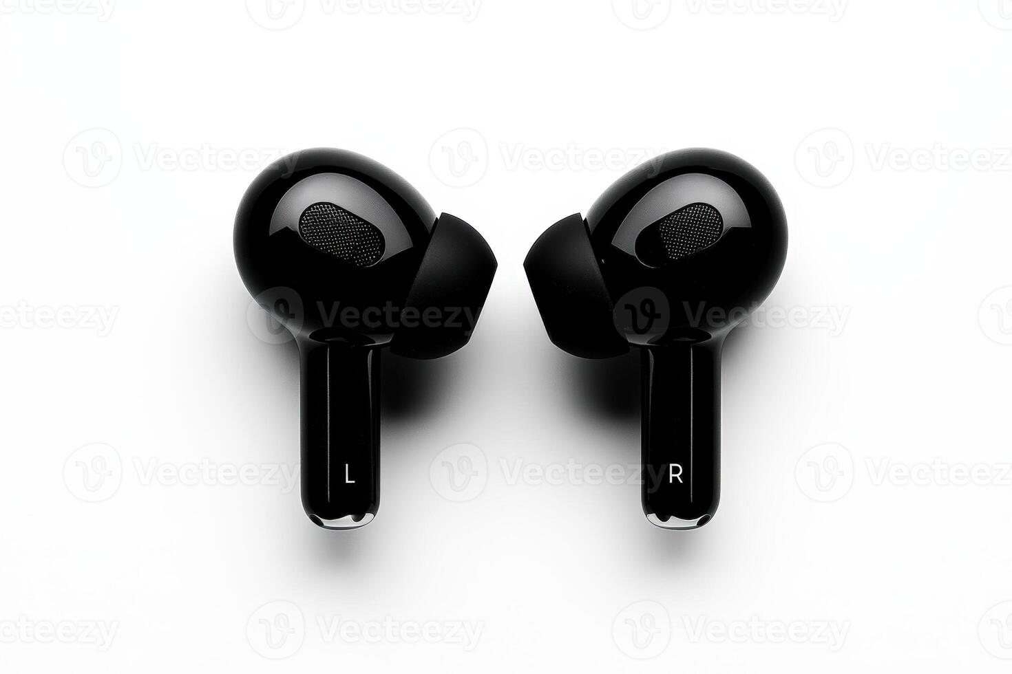 Wireless earphones in black color displayed on a white surface with clear visibility of design photo
