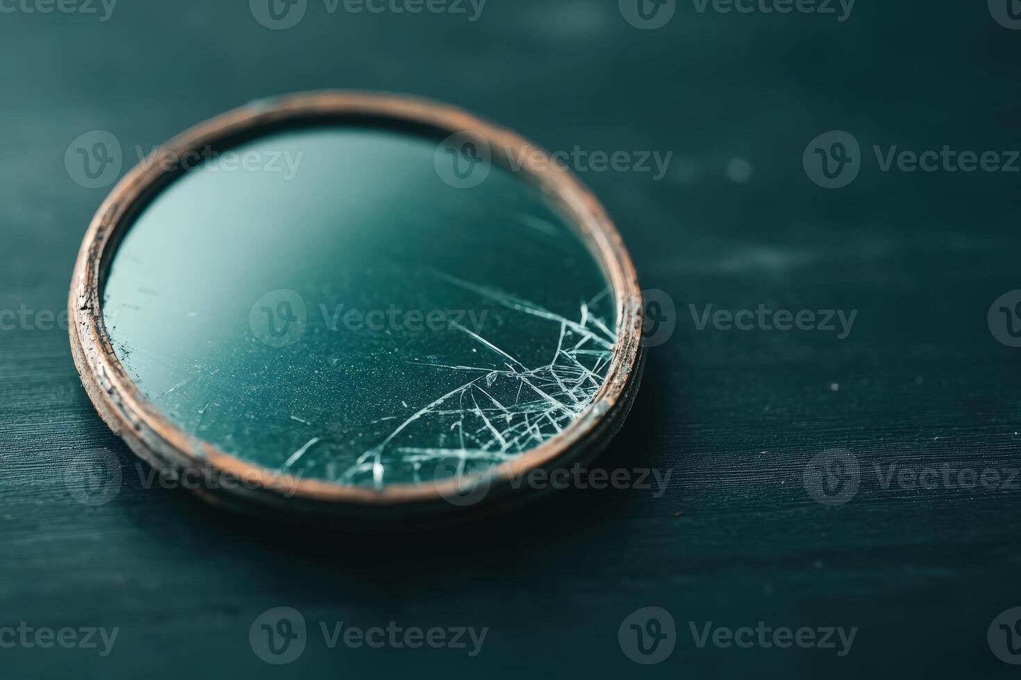 Broken circular mirror resting on a dark wooden surface with visible cracks and imperfections photo