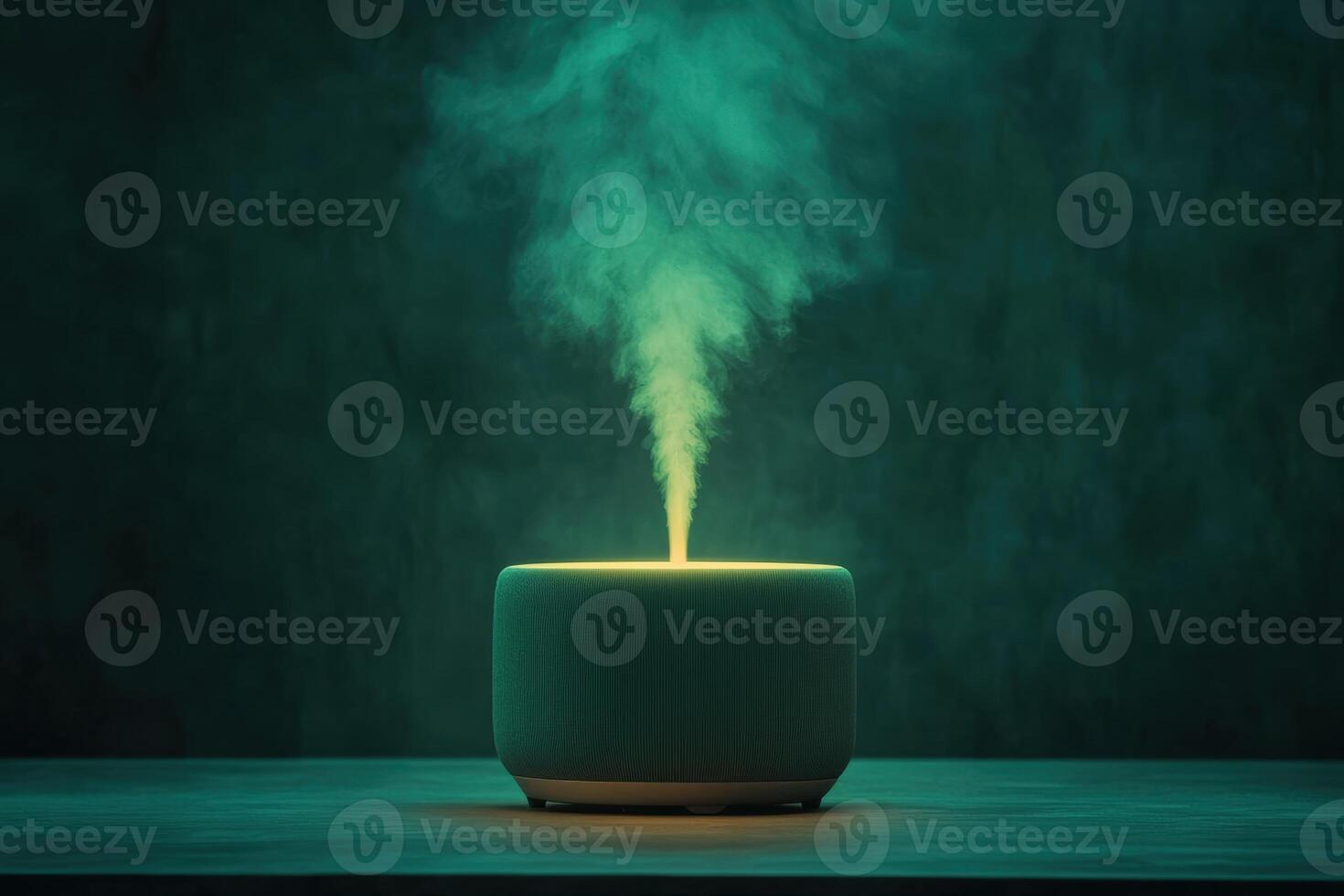 Aromatherapy diffuser emitting soothing mist in a tranquil green setting photo