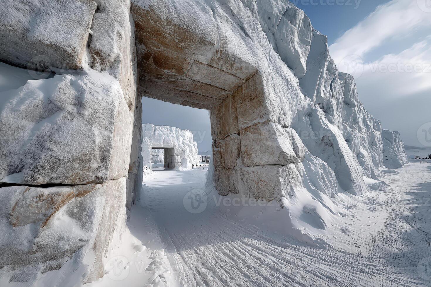 Snow-covered stone structure with a passage in a winter landscape near a frozen lake photo