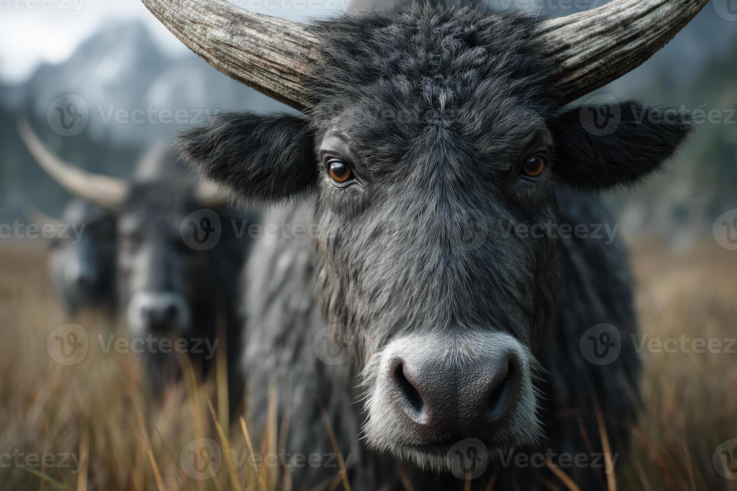 Herd of yak grazing in the highland meadows with mountains in the background photo