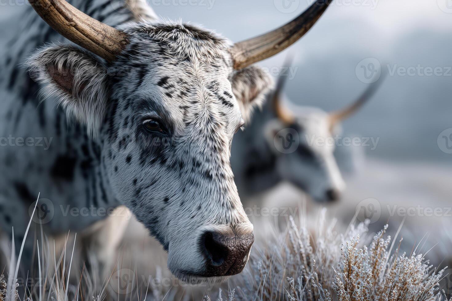 Spotted cattle grazing in a frosty landscape during early morning hours photo
