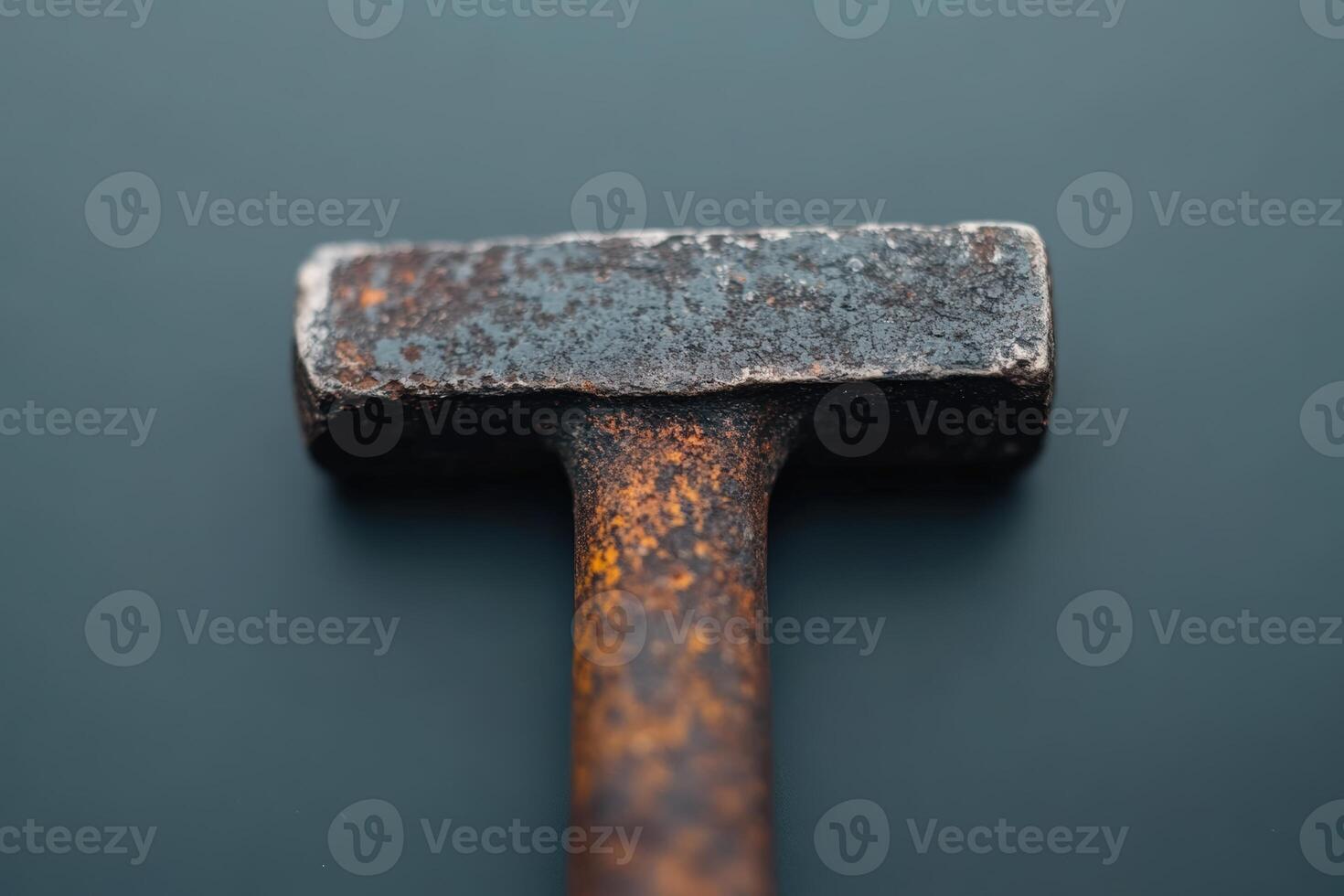 Rusty hammer resting on a dark surface highlighting tool wear and texture details photo