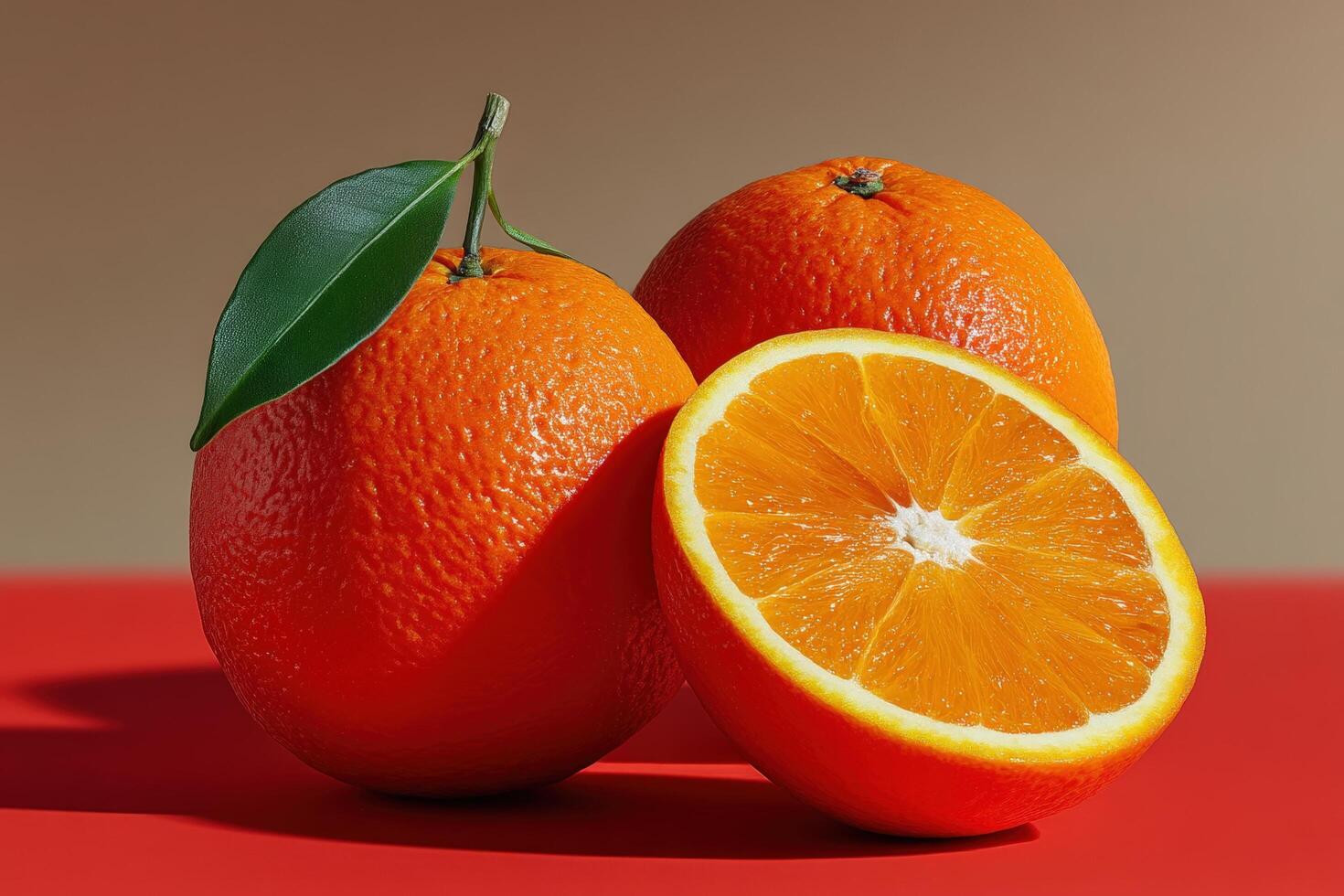 Perfectly cut orange halves displayed beside whole oranges on a vibrant red surface photo