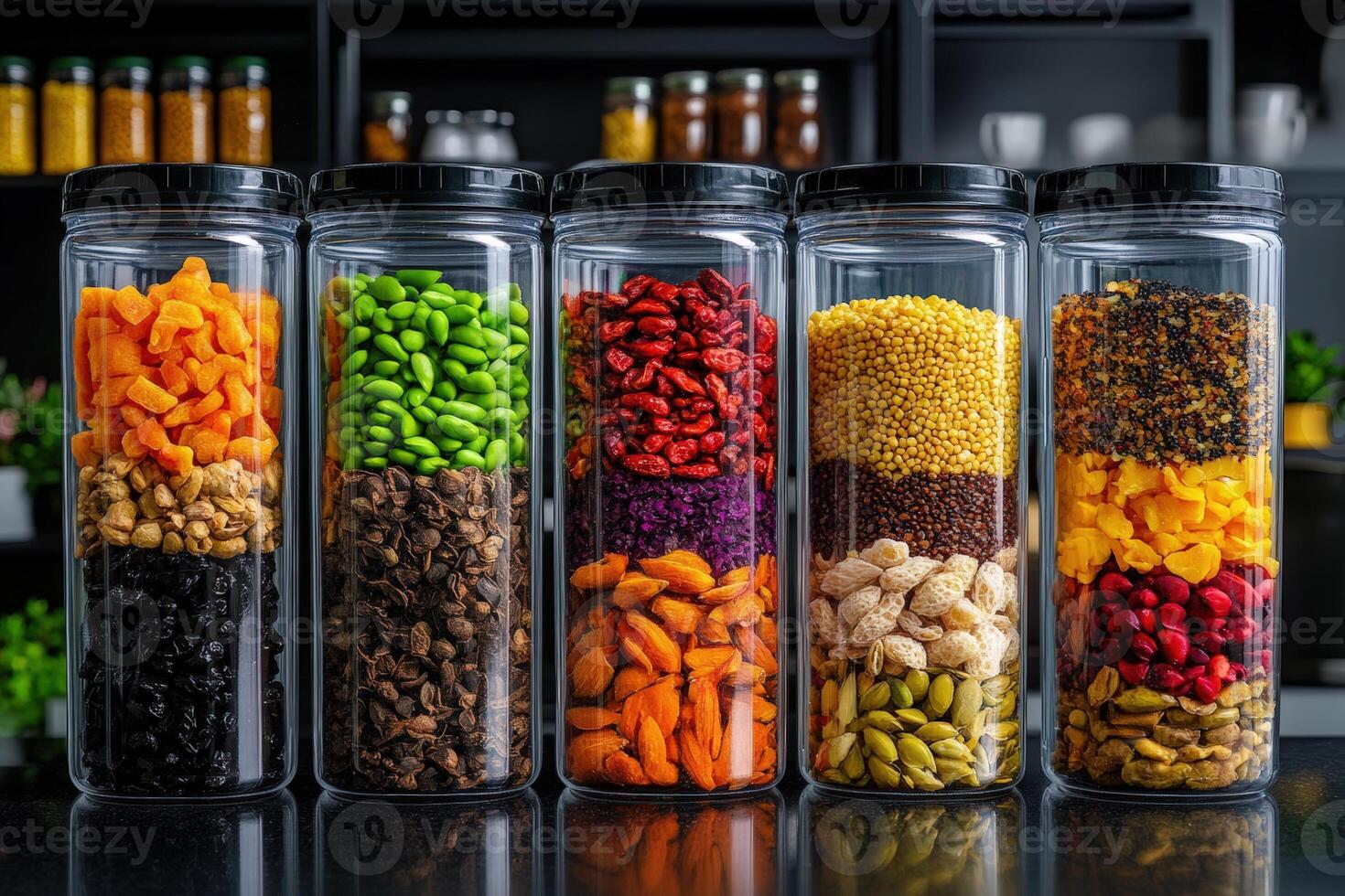 Colorful jars filled with various dried fruits, nuts, and seeds in a modern kitchen setting photo