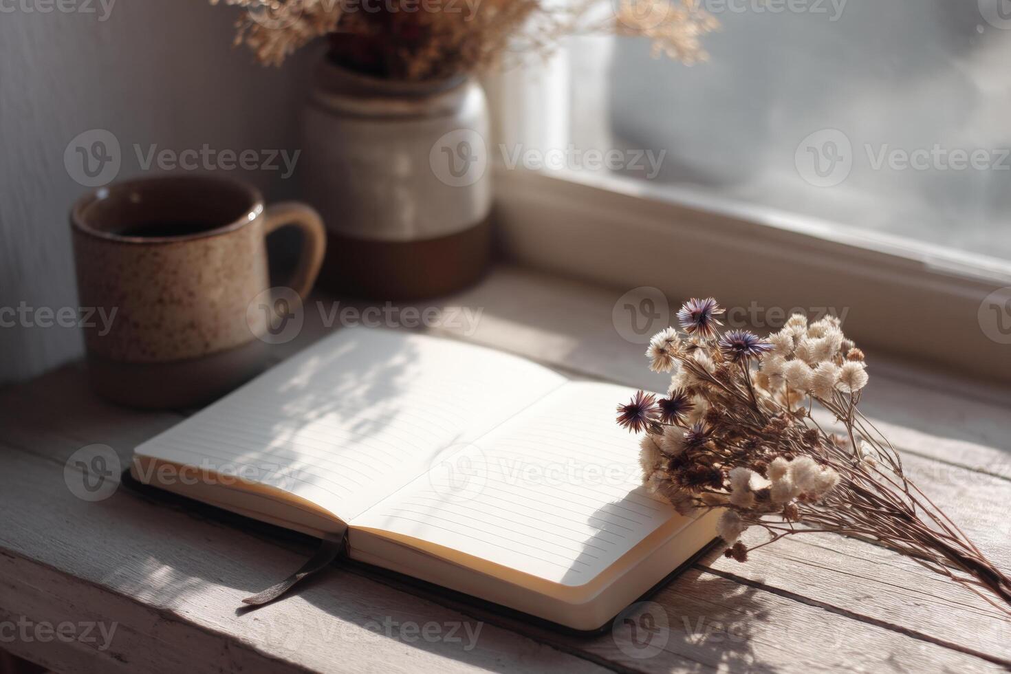 Sunlight streams onto a desk with an open journal and a cup of coffee near dried flowers photo