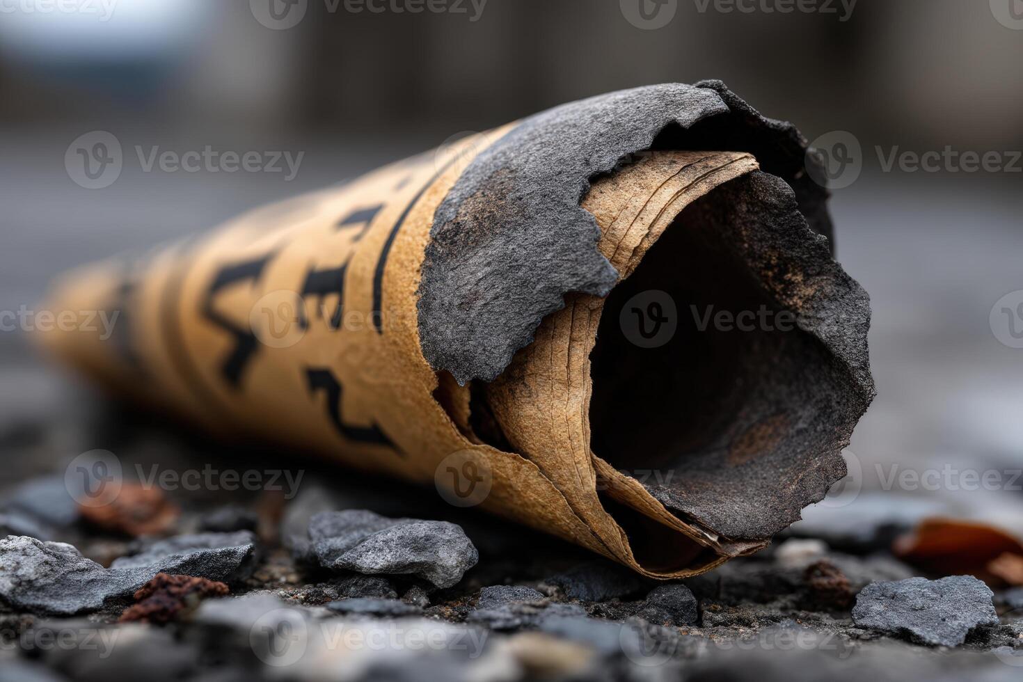 Crumbled paper cone resting on gravel with faded text during overcast day photo