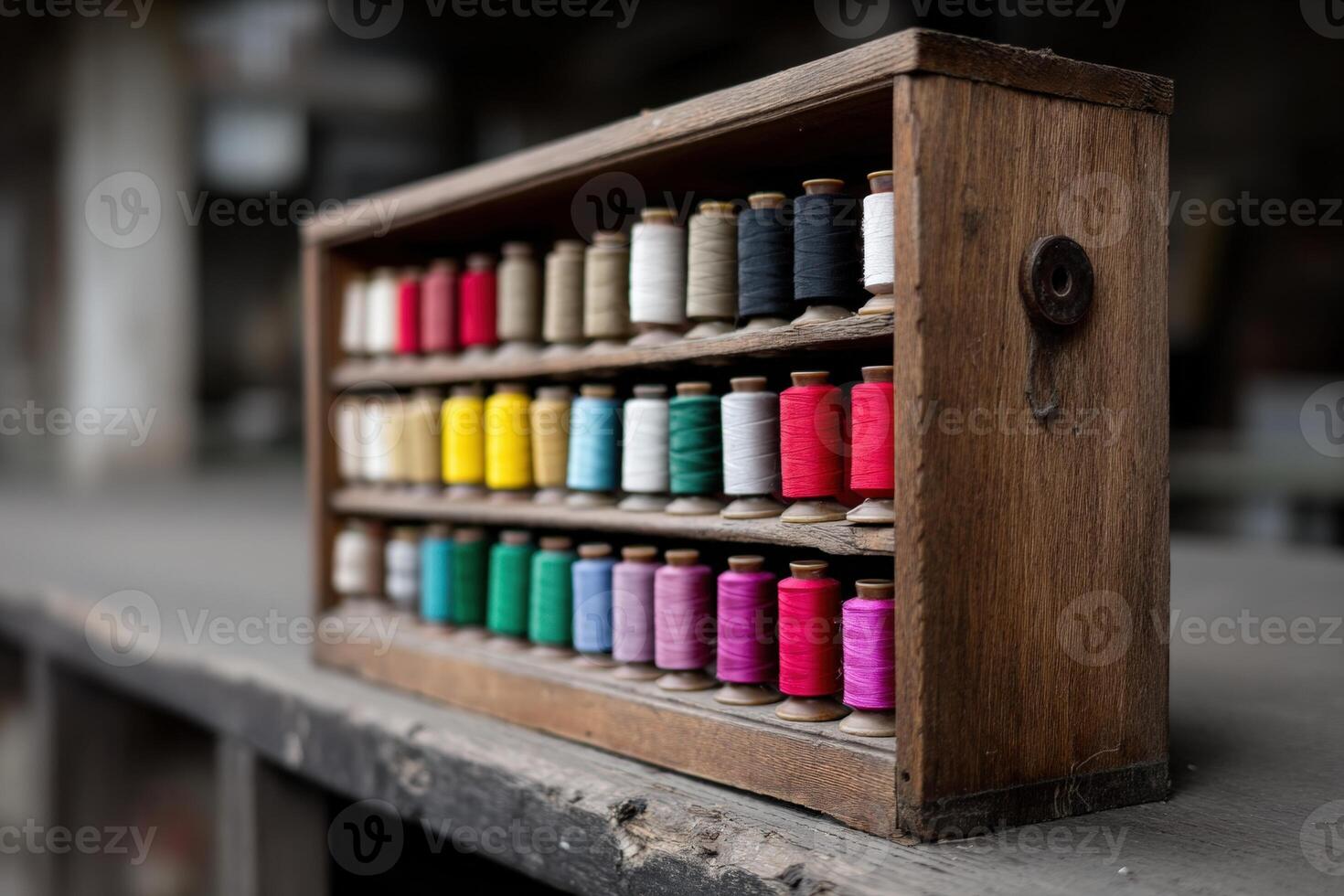 Colorful spools organized in a wooden thread cabinet on a rustic table photo