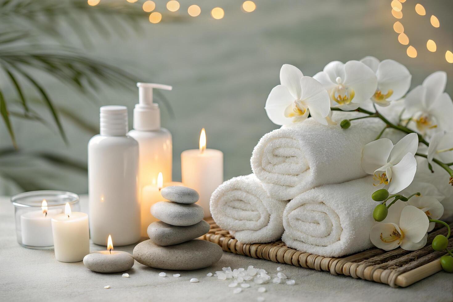 Serene Spa Composition with Skincare Bottles Candles and Fresh White Towels photo