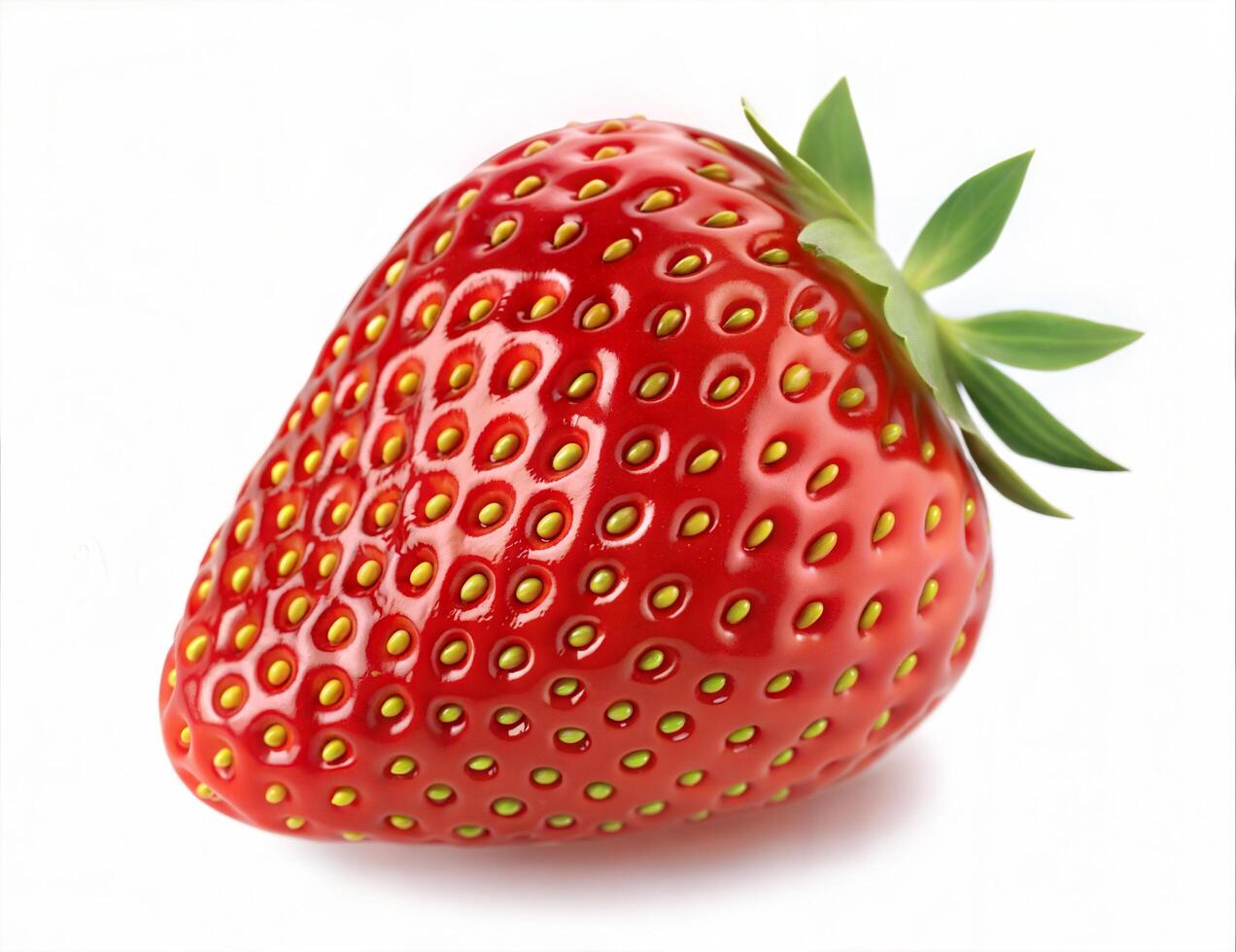 Beautiful ripe strawberry with rich red color and golden seeds isolated on a pure white photography setup photo
