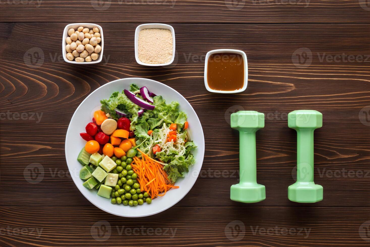 Colorful Salad and Kitchen Tools on Warm Wooden Table Rustic Meal Setting photo