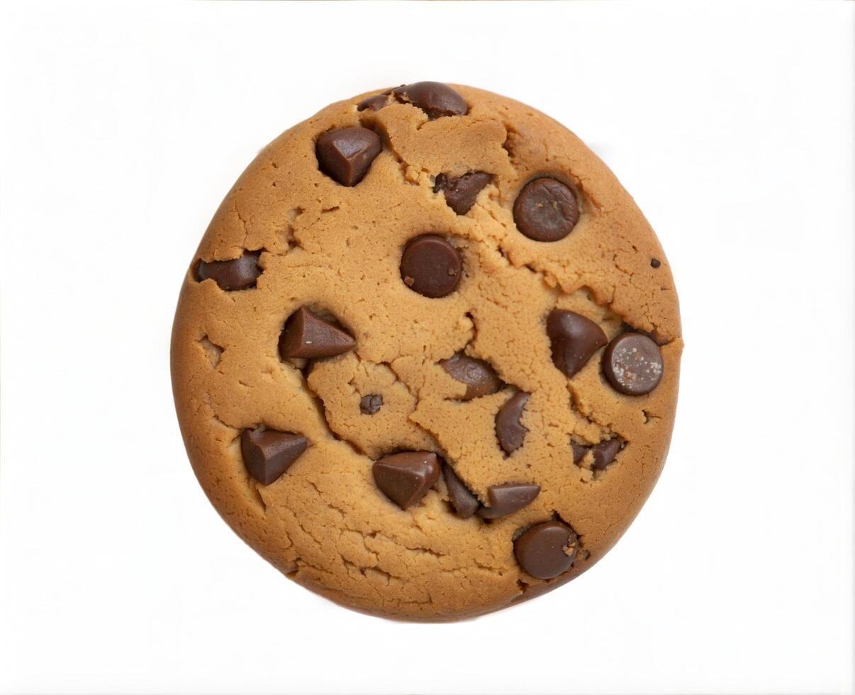 A delicious chocolate chip cookie close up with brown dough and chips on a bright white backdrop photo