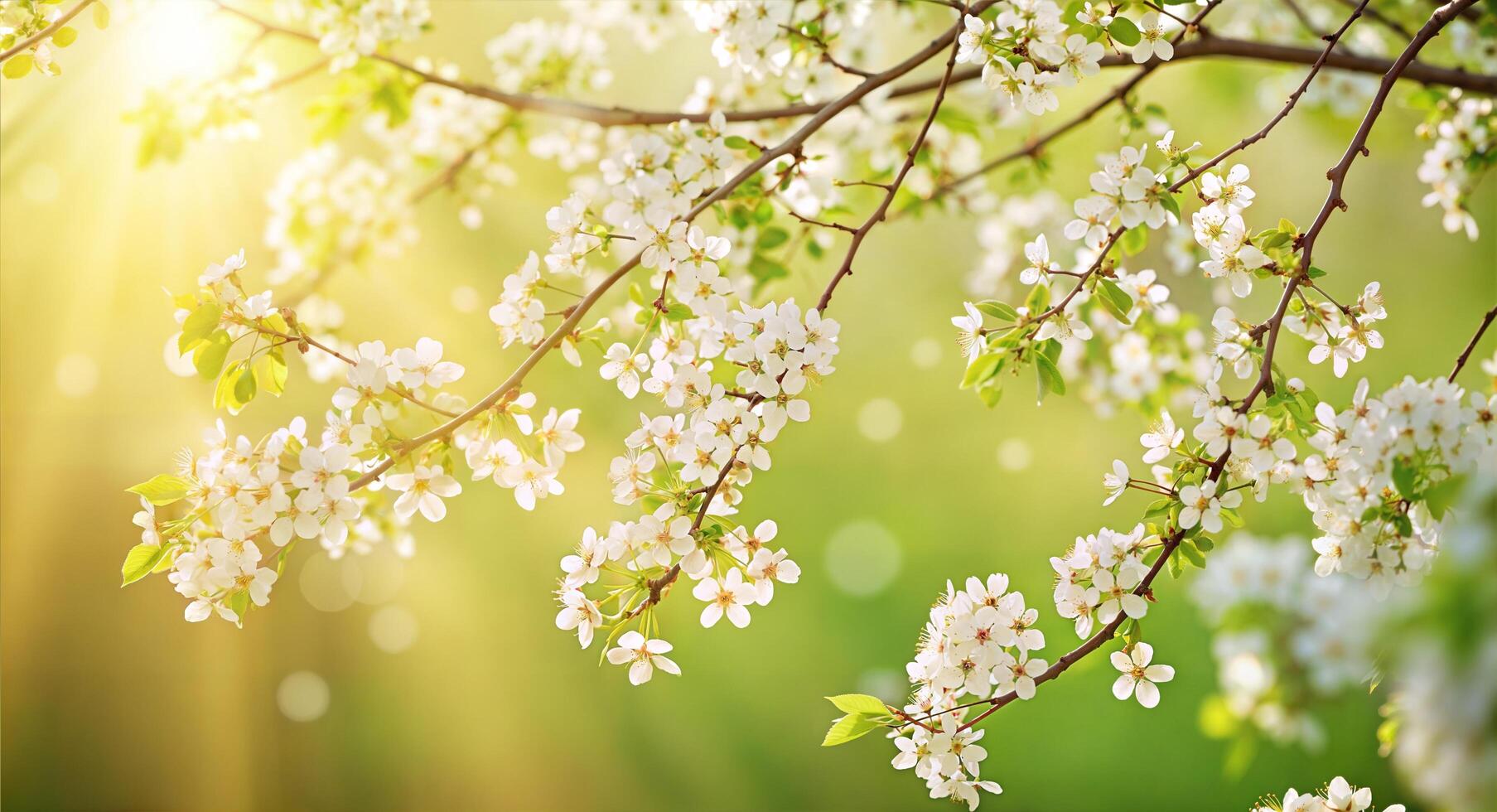 Bright Spring Day with White Cherry Blossoms and Lush Vibrant Green Meadow photo
