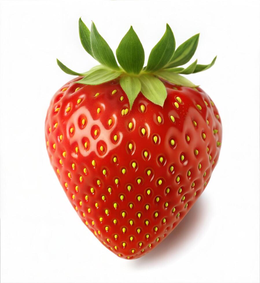 Full View of a Classic Teardrop Shaped Strawberry with Fresh Green Cap and Golden Seeds on White photo