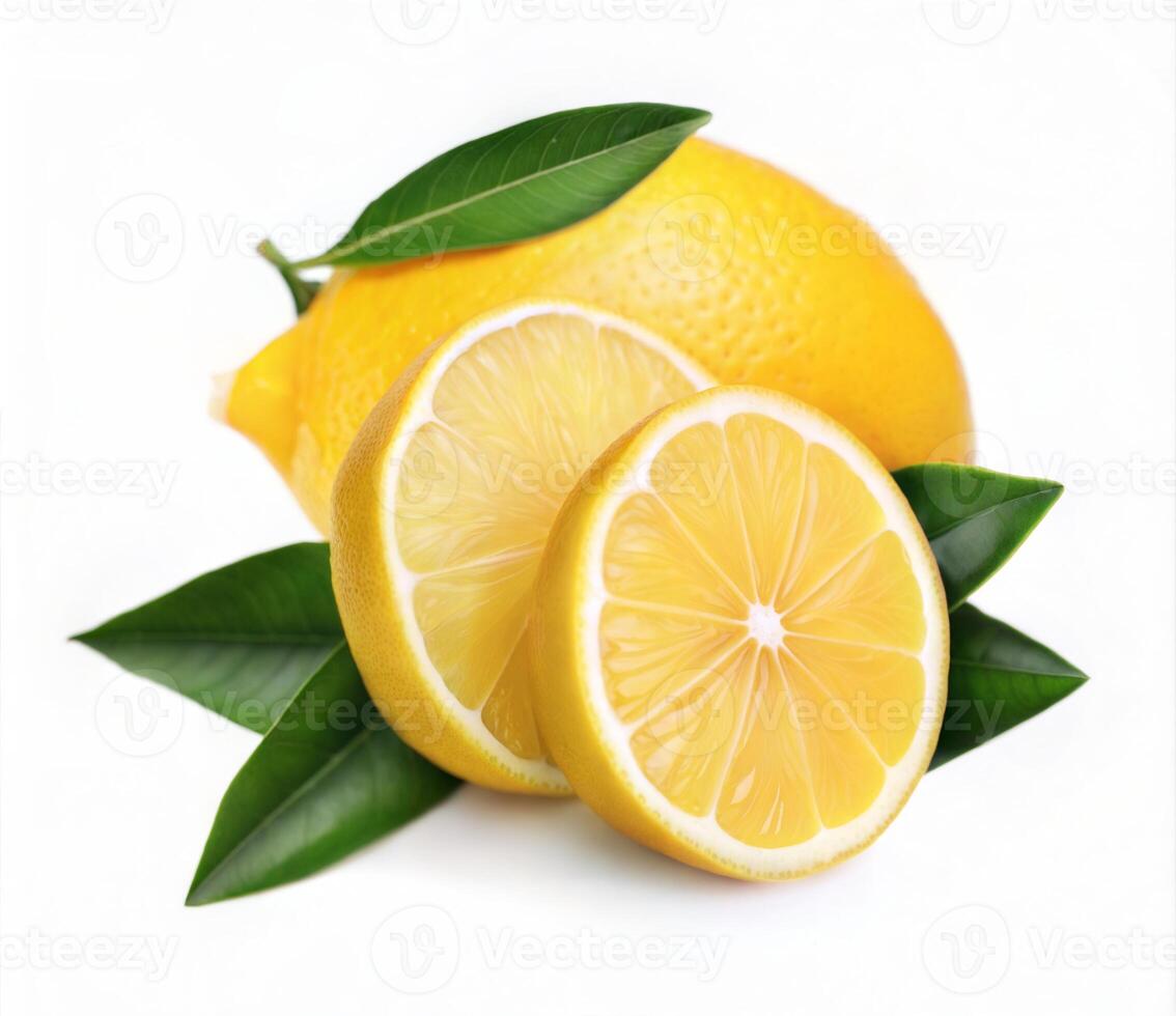 Detailed photo of lemon slice and whole orange with smooth dimpled surface in bright natural light