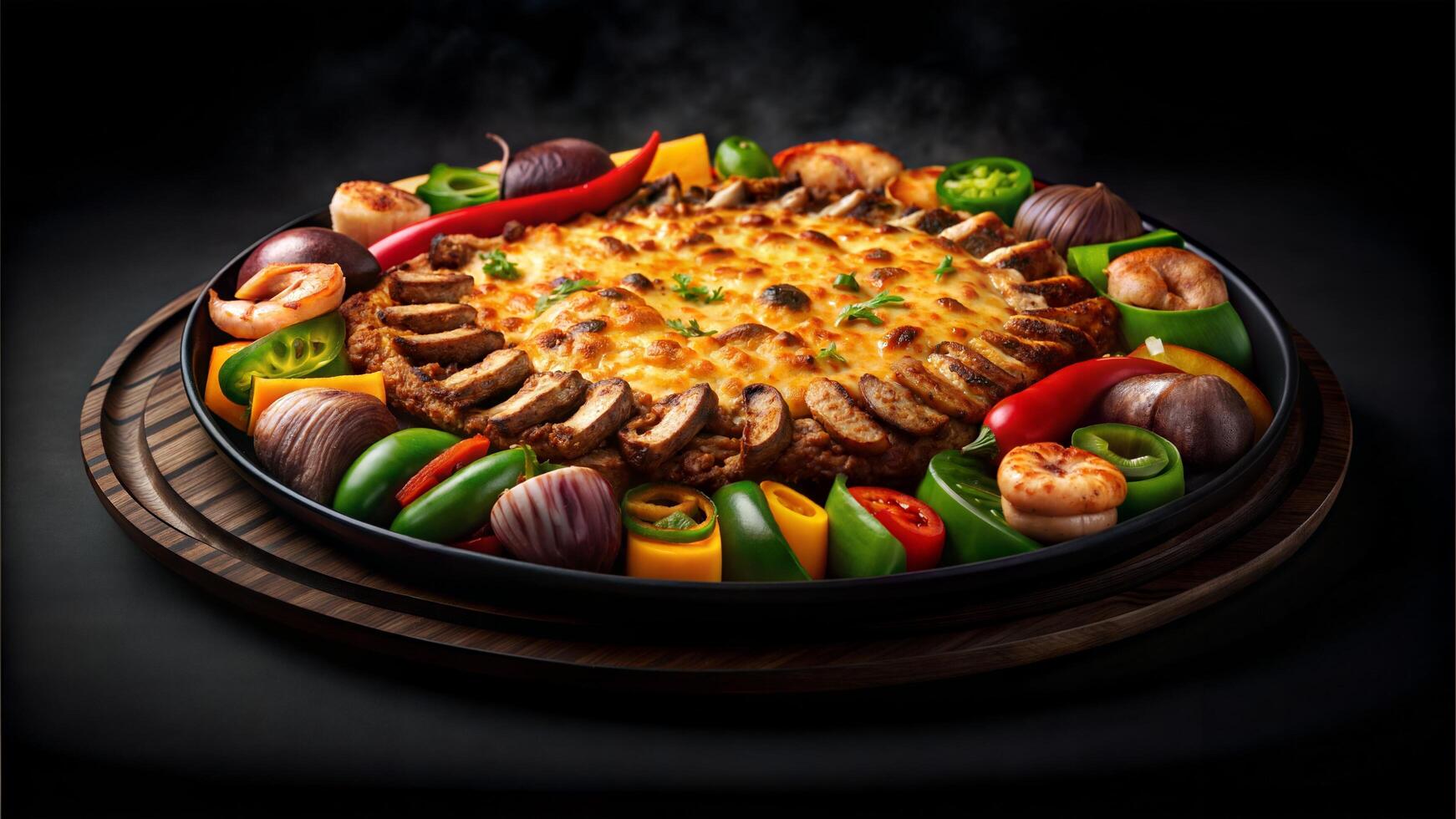 Photorealistic Food Photography of Mixed Grill with Cheese and Roasted Veggies photo