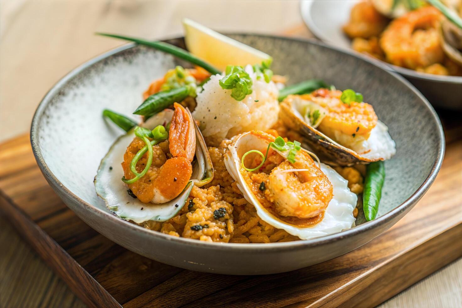 Tasty Shell Seafood Dish with Bright Orange Sauce and Garnish on Green Plate for Menus photo