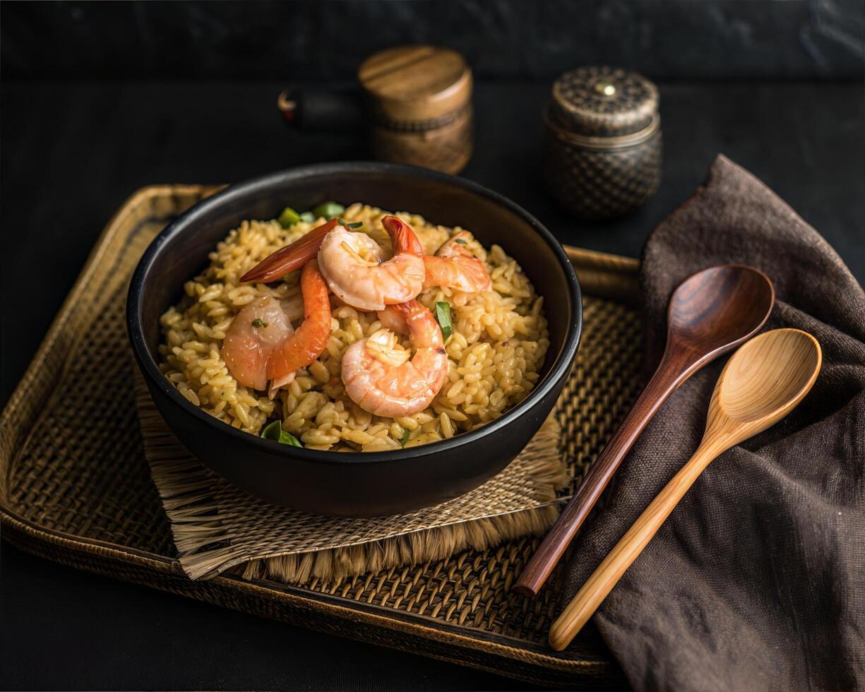 Delicious Seafood Rice with Shrimp and Scallops Served in Rustic Bowl Overhead View photo