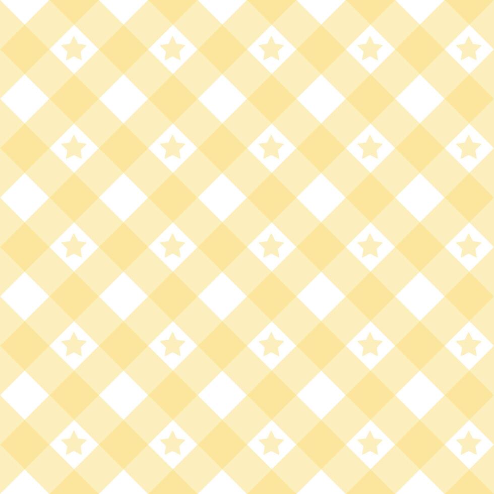 Gingham star diagonal seamless pattern in pastel yellow color. Vichy plaid design for Easter holiday textile decorative. checkered pattern for fabric picnic blanket, tablecloth, dress, napkin. vector