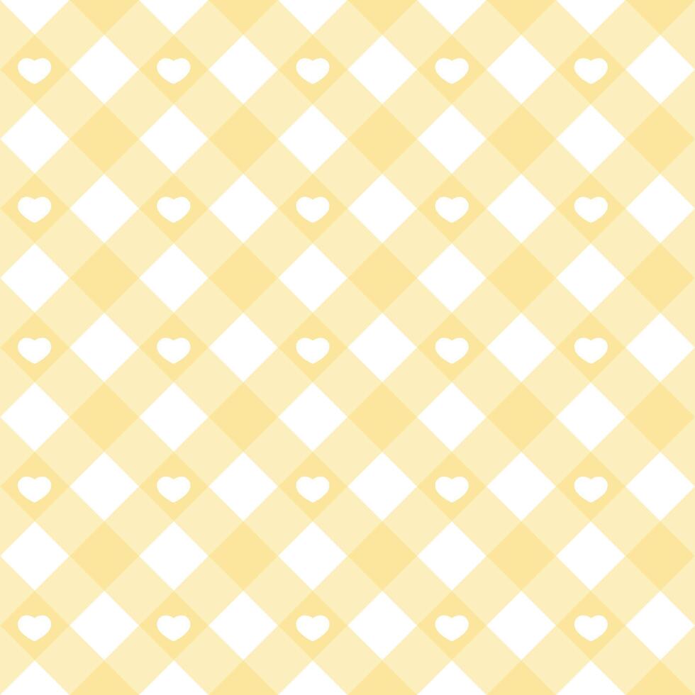 Gingham heart diagonal seamless pattern in pastel yellow color. Vichy plaid design for Easter holiday textile decorative. checkered pattern for fabric picnic blanket, tablecloth, dress, napkin. vector